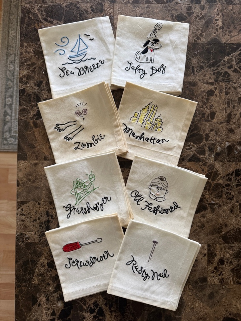 Pottery Barn Cream Cocktail Napkins with Black Script (Set of Eight)